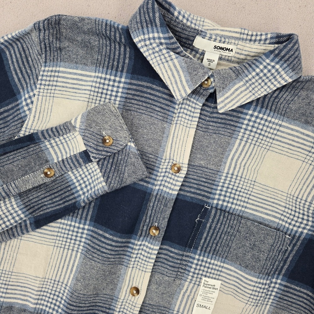 Sonoma New Small Flannel Shirt Womens Blue Plaid Casual Button Down Supersoft